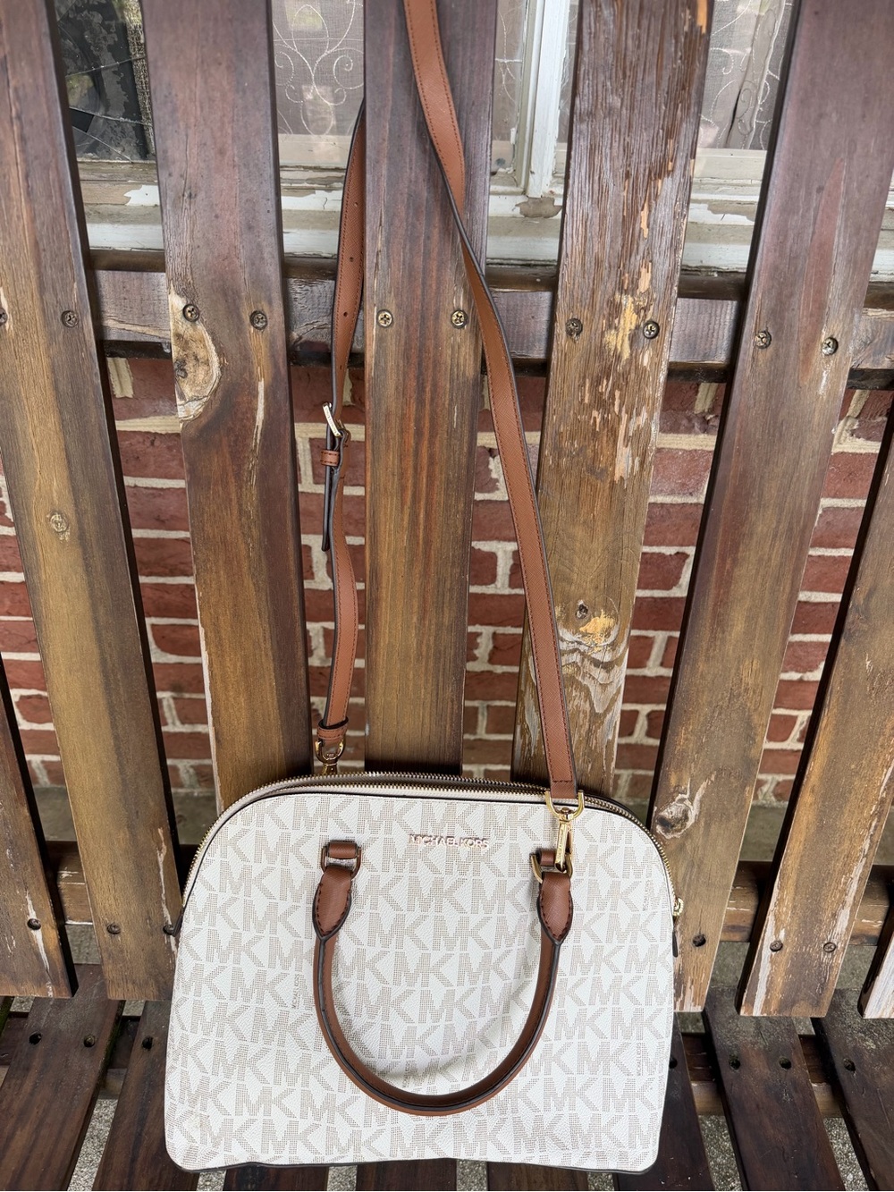Michael Kors White Signature MK Dome Satchel with Brown Trim